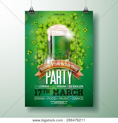 Saint Patricks Day Party Flyer Illustration With Green Beer And Clover On Abstract Background. Vecto