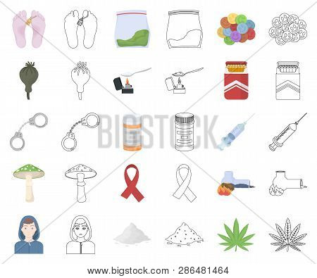 Drug Addiction And Attributes Cartoon, Outline Icons In Set Collection For Design. Addict And Drug V