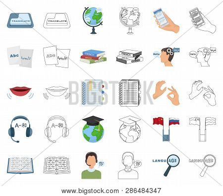 Translator And Linguist Cartoon, Outline Icons In Set Collection For Design. Interpreter Vector Symb