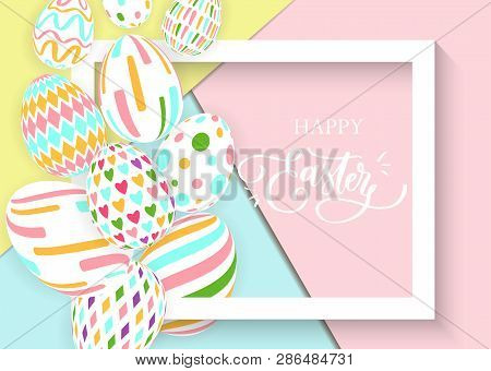 Happy Easter Sale Banner Background Template With Beautiful Colorful  Eggs And 3d Frame. Vector Illu