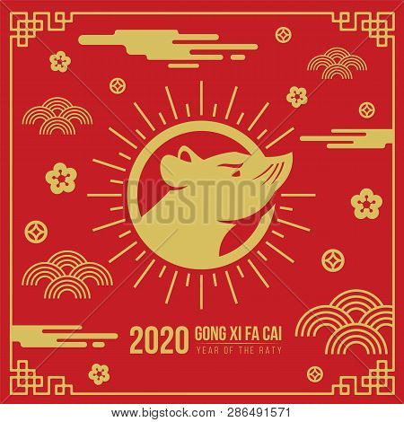 Happy Chinese New Year Greeting Card Banner With Haed Rat Zodiac In Circle Sun Sign And Abstract Clo