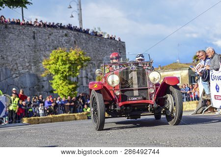 Amelia, Italy, May 2018. Mille Miglia (1000 Miles), Historical Vintage Car Race. Two Men Driving A H