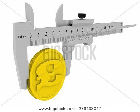 The Caliper Measures A Coin With The British Pound Sterling. Caliper Measures The Golden Coin With T