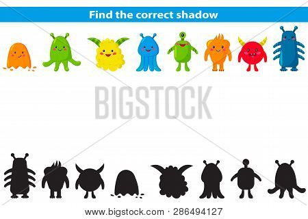 Educational Game For Children. Find The Correct Shadow. Cute Cartoon Aliens. Shadow Matching Game. V