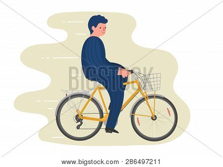Cycling Man. Hand Drawn Flat Man On Bike With Basket.