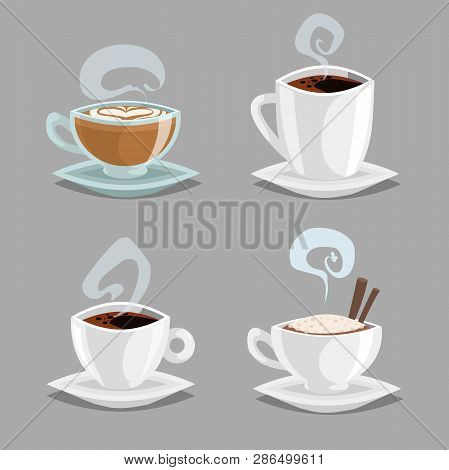 Cartoon Set Of Different Coffee Cups. White And Clean Glass Cups With Cappuccino, Black Coffee, Latt