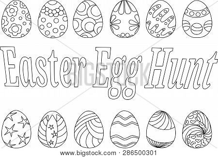 Coloring Easter Eggs, Vector Pattern Isolated On White Background, Contour Pattern