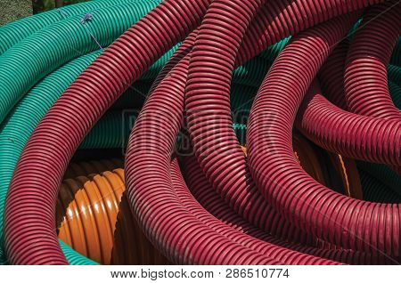 Plastic Pipes For Electrical Wiring Or Cables On A Construction Site