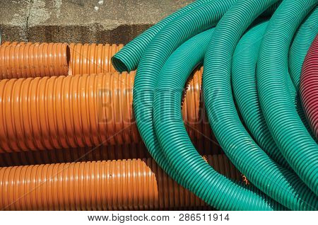 Plastic Pipes For Electrical Wiring Or Cables On A Construction Site