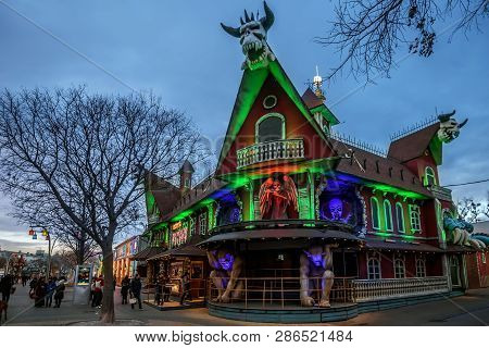Vienna, Austria - December 27, 2017. Horror Attraction In Viennese Prater Amusement Park. Ghosthouse
