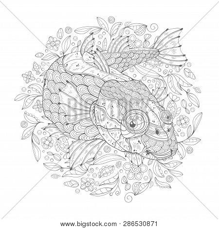 Hand Drawn Decorated Cartoon Sea Fish On The White Background. Image For Coloring Pages. Vector Illu