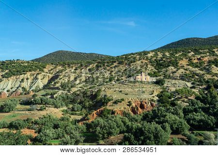 Morocco Tourism: Mountains In Morocco. Landscape With Atlas Mountains.
