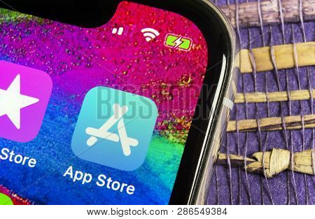 Helsinki, Finland, February 17, 2019: Apple Store Application Icon On Apple Iphone X Smartphone Scre