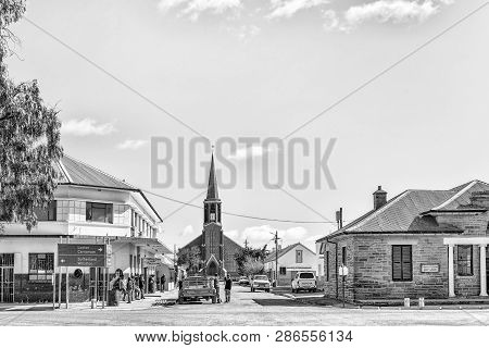 Fraserburg, South Africa, August 7, 2018: A Street Scene, With The Dutch Reformed Church, Businesses