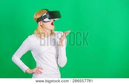 Woman Watching Virtual Reality Vision. Excited Smiling Businesswoman Wearing Virtual Reality Glasses