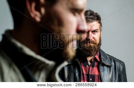 Someone Behind You. Feel Support Of Real Friend. Man Bearded Guy Stand Behind Back Of Friend Hipster