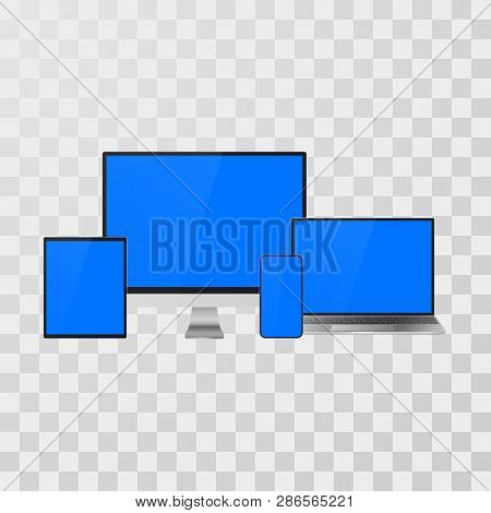 Gadget Set Mock Up. Realistic Devices Laptop And Monitor, Mobile Phone And Tablet For Your Banner An