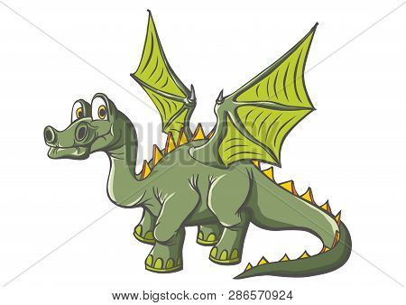 Fantastic Dinosaur With Wings. Long Neck, Long Tail. Wide Wings. Vector Illustration.