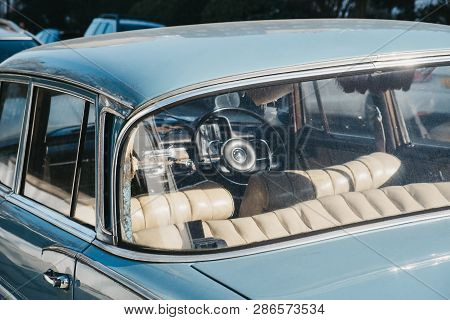 London, Uk - February 23, 2019: View Through The Window Of Old Blue Mercedes-benz 600 Parked On A Si