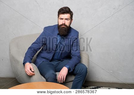 Candidate For Job Waiting Result Of Interview. Decision Making Is Part Of Management. Man Bearded Bu