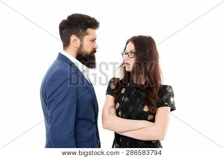 Man With Beard And Sexy Woman In Relations. Partnership And Relations. Businesspeople Relations. Bus