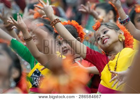 Kolkata , India - March 1,2018 : Girl Child Dancers Performing At Holi -spring Festival, Known As Do