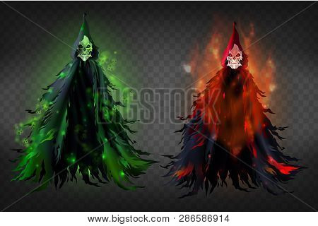 Vector 3d Realistic Illustration Of Death - Horrible Reaper In Black Dud, Clothes With Hoods. Black 