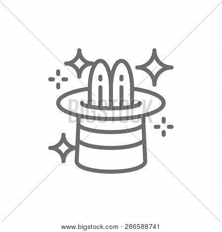 Rabbit In Magic Cylinder Hat, Circus Line Icon.
