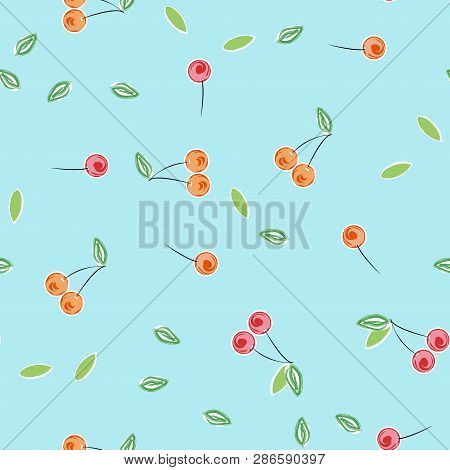 Red Cherries Seamless Pattern.berries Are Scattered On A Blue Background.