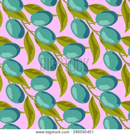 Blue Plums With Leaves Pattern.beautiful Background With Olives On A Green Background.