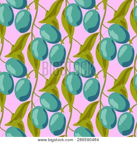 Blue Plums With Leaves Pattern.beautiful Background With Olives On A Green Background.