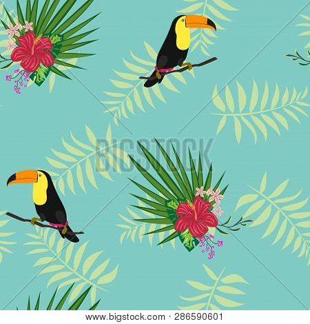 Toucan With Tropical Leaves And Flowers.hibiscus Flowers And Leaves.