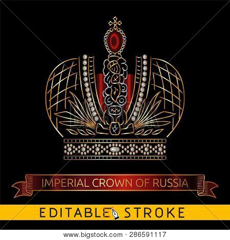 Imperial Crown Of Russia. Gold Icon On Black Background. Golden Ribbon Or Banner Include. Easy Chang