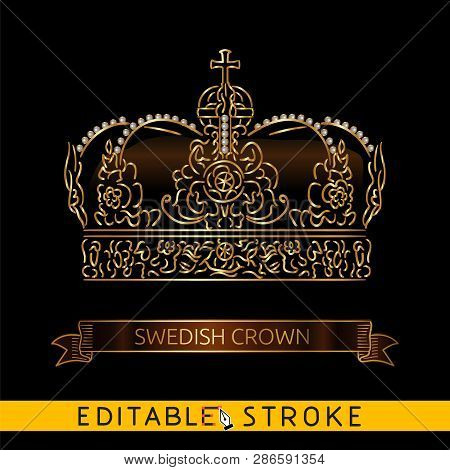 Swedish Crown Scandinavian Nordic Jewels. Gold Icon On Black Background. Golden Ribbon Or Banner Inc