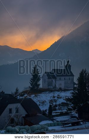 Panoramic View From Church In Village Puergg Over Valley Ennstal To Sunset Over Mountain Gumpeneck I