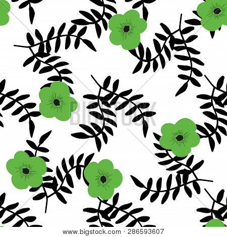 Tropical Flowers And Black Leaves Seamless Pattern.