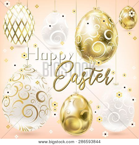Easter Porceline And Golden Vintage Eggs And Confetti In The Cream Sky