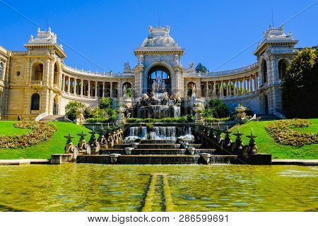 Marseille, France - August 11, 2018 - Palais De Longchamp With Fountains And Sculptures In Sunny Day