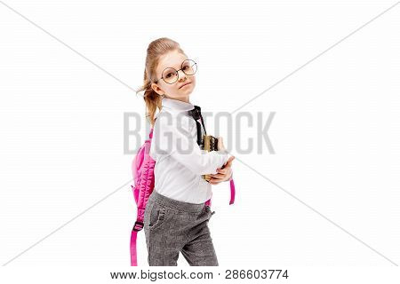 Back To School. Beautiful Little Girl Dressed Like A School Girl - In White Shirt And Gray Pants, Ro
