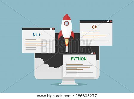 Pc Monitor With Rocket And Programing Languages Pop Up C++, C Sharp And Python