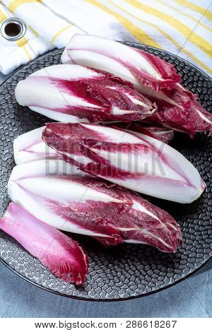 Group Of Fresh Red Radicchio Chicory Or Belgian Endive Vegetables, Also Known As Witlof Salade