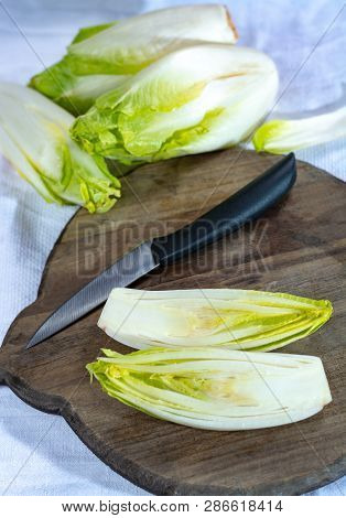 Group Of Fresh Raw Green Belgian Endive Or Hicory Vegetables, Also Known As Witlof Salade Close Up