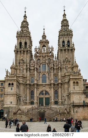 Santiago De Compostela, Spain - Circa February 2019: Santiago De Compostela Cathedral View From Obra