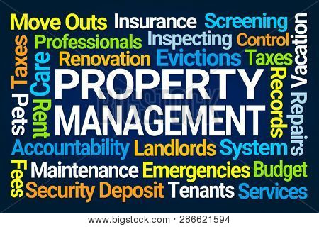 Property Management Word Cloud on Blue Background