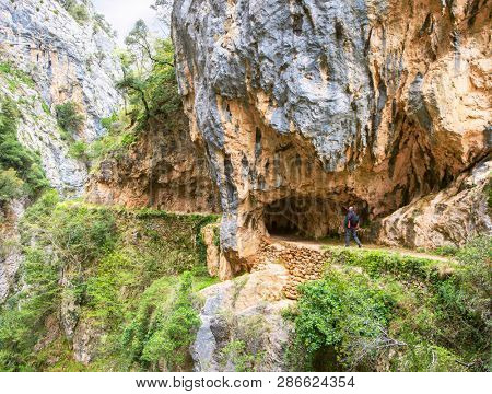 Hiking trail (Cares Trail or Ruta del Cares) along river Cares in cloudy spring day ( near  Cain), Picos de Europa National Park,  province of Leon,  Spain. 