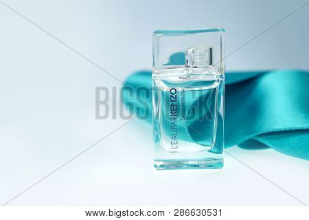 Prague, Czech Republic- January 22, 2019. Perfume KENZO bottle on white background. 