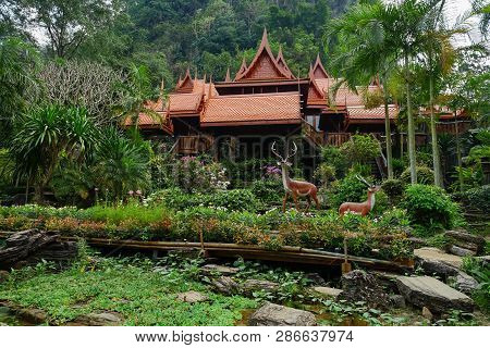 Made From Wood Temple In The Forest Wat Tham Khao Wong, Uthai Thani, Thailand.
