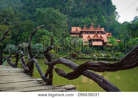 Made From Wood Temple In The Forest Wat Tham Khao Wong, Uthai Thani, Thailand.