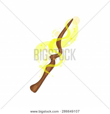 Wooden Magic Wand With Yellow Dust And Stars. Tool Of Wizard. Miracle Stick. Flat Vector For Mobile 