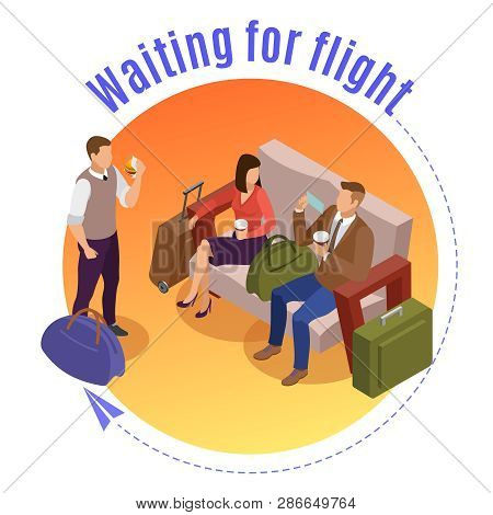 Travel People Round Design Concept With Passengers Waiting For Flight In Airport Lounge Isometric Ve